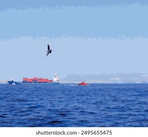 Denizcilik ve Kabotaj Bayramı Kutlu olsun. Cargo ship seagull and seascape.