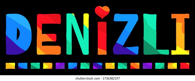 Denizli. Multicolored bright funny cartoon isolated inscription. Colorful letters. Turkey Denizli for prints on clothing, t-shirt, banner, sticker, flyer, card, souvenir, ads. Stock vector picture.