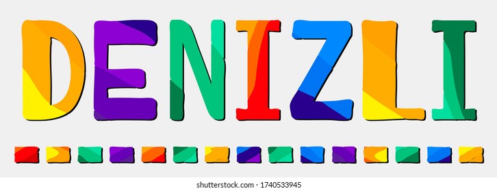 Denizli. Multicolored bright funny cartoon isolated inscription. Colorful letters. Turkey Denizli for prints on clothing, t-shirt, banner, sticker, flyer, card, souvenir, ads. Stock vector picture.