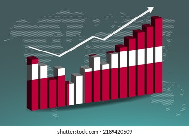 Denmark 3D bar chart graph with ups and downs, increasing values, Denmark country flag on 3D bar graph, upward rising arrow on data, news banner idea, developing country concept