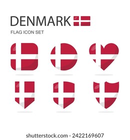 Iconos de bandera 3d de Dinamarca de 6 formas aisladas en fondo blanco.
