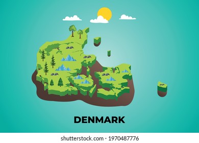 Denmark 3d isometric map with topographic details mountains, trees and soil vector illustration design