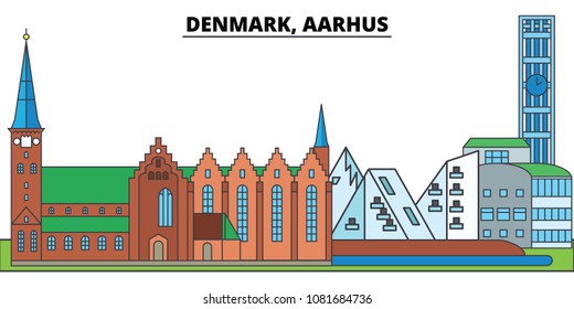 Denmark, Aarhus. City skyline, architecture, buildings, streets, silhouette, landscape, panorama, landmarks. Editable strokes. Flat design line vector illustration concept. Isolated icons