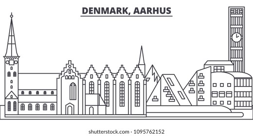 Denmark, Aarhus line skyline vector illustration. Denmark, Aarhus linear cityscape with famous landmarks, city sights, vector landscape. 