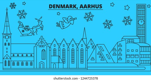 Denmark, Aarhus winter holidays skyline. Merry Christmas, Happy New Year decorated banner with Santa Claus.Denmark, Aarhus linear christmas city vector flat illustration