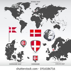 Denmark administrative divisions map, Earth globe, World and Europe maps showing country location and Denmark flags icon set.