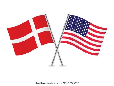 Denmark and America crossed flags. Danish and American flags, isolated on white background. Vector icon set. Vector illustration.