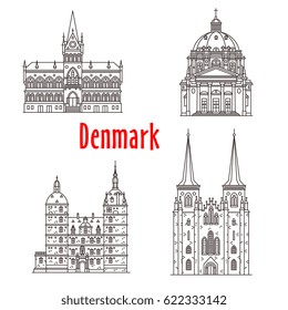 Denmark architecture and Danish famous landmark buildings. Vector isolated icons and facades of Vallo Castle, Vejle Town Hall, Roskilde Cathedral and Frederiks Church in Copenhagen