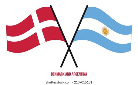 Banderas de Dinamarca y Argentina cruzadas y ondeadas de estilo plano. Proporción oficial. Colores correctos.