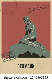 Denmark Attraction Postcard, The Little Mermaid Monument Illustration, Vector Template Retro Style Greeting Card with handwriting wish. Postal Imprint, Aged Paper Texture