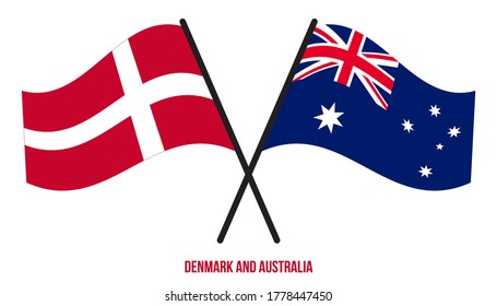 Denmark and Australia Flags Crossed And Waving Flat Style. Official Proportion. Correct Colors.