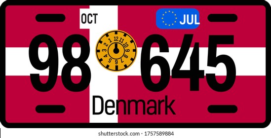 Denmark automobile license plate on white background. Country license plate series.