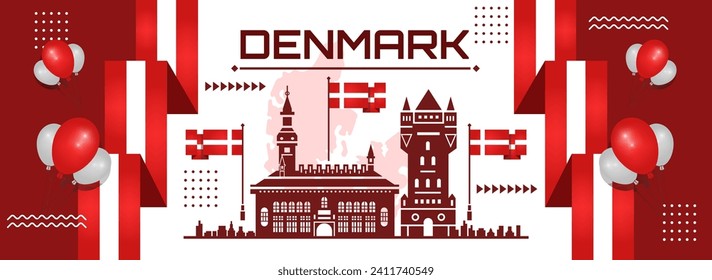 Denmark background national day banner with Danish map, flag colors theme and Denmark flag red white design. Copenhagen landmarks Vector Illustration.