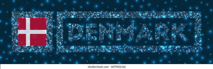 Denmark badge. Flag of Denmark in glowing network geometric style. Powerful vector illustration.