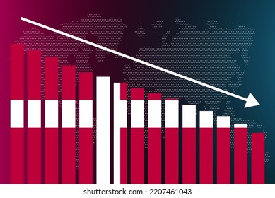 Denmark bar chart graph, decreasing values, crisis and downgrade concept, Denmark flag on bar graph, down arrow on data, news banner idea, fail and decrease, financial statistic