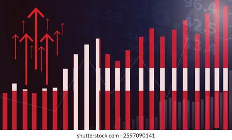 Denmark bar chart graph with ups and downs, increasing values, Denmark country flag on bar graph, upward rising arrow on data, news banner idea, developing country concept