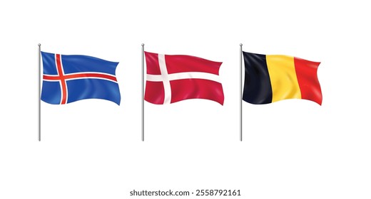 Denmark, Belgium and Iceland Flying Flag 3D Rendered Realistic View. Denmark, Belgium, and Iceland Flags - 3D Rendered Realistic National Flag Collection