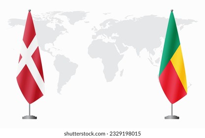 Denmark and Benin flags for official meeting against background of world map.