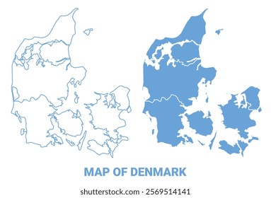 Denmark Blue map flat regions border outline vector illustration