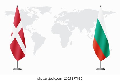 Denmark and Bulgaria flags for official meeting against background of world map.