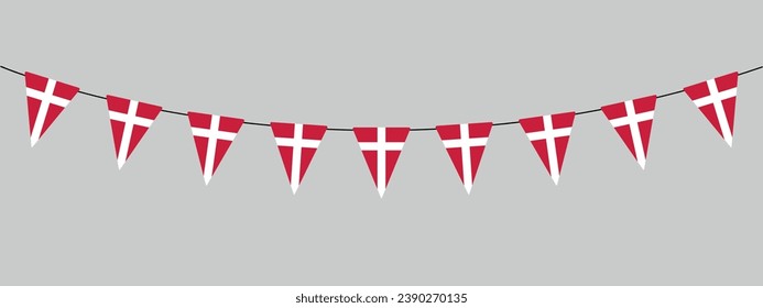 Mariscos de amarre de Dinamarca, cuerdas de banderas triangulares, fiesta nacional danesa, elemento decorativo vectorial de estilo retro