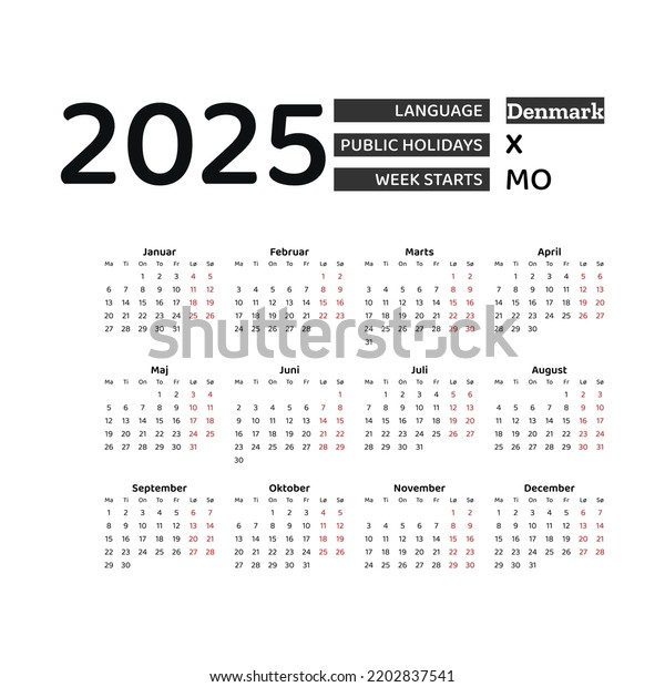 Denmark Calendar 2025 Week Starts Monday Stock Vector (Royalty Free