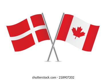 Denmark and Canada crossed flags. Danish and Canadian flags on white background. Vector icon set. Vector illustration.