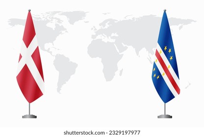 Denmark and Cape Verde flags for official meeting against background of world map.