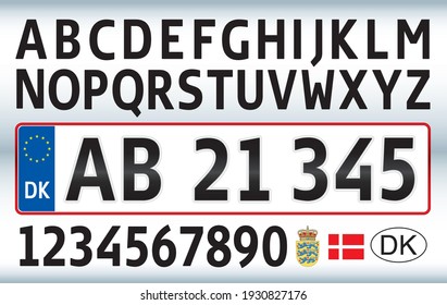 Denmark car license plate, letters, numbers and symbols, vector illustration, European Union
