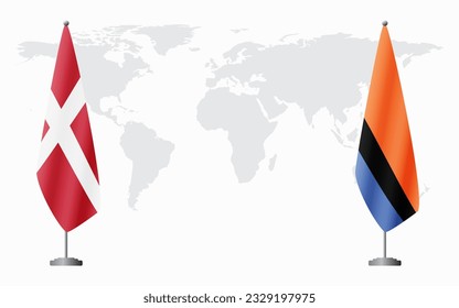 Denmark and Chagos Islands flags for official meeting against background of world map.