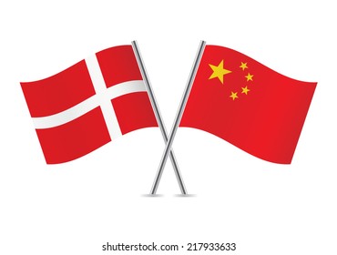 Denmark and China crossed flags. Danish and Chinese flags, isolated on a white background. Vector icon set. Vector illustration.