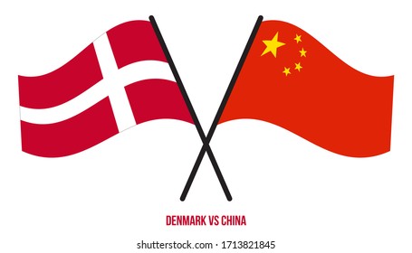 Denmark and China Flags Crossed And Waving Flat Style. Official Proportion. Correct Colors.