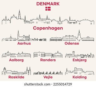 Denmark cities outline skylines vector set