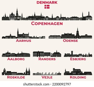 Denmark cities skylines silhouettes vector set