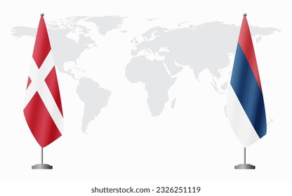 Denmark and civil Serbia flags for official meeting against background of world map.