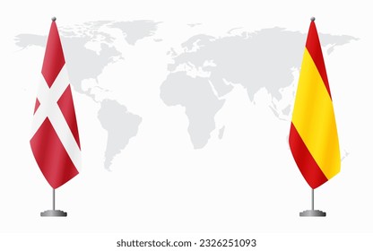 Denmark and civil Spain flags for official meeting against background of world map.