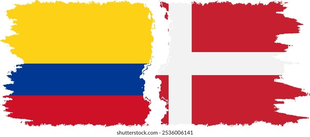 Denmark and Colombia grunge flags connection, vector