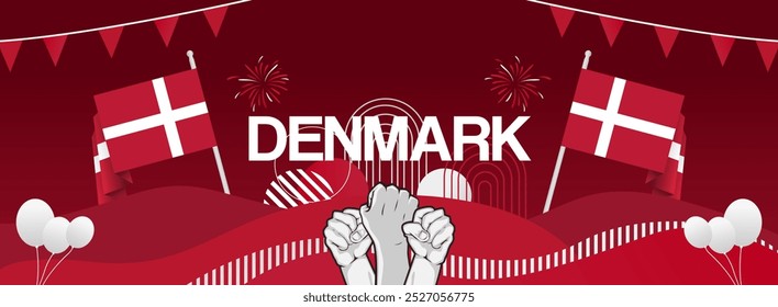 Denmark constitution day banner with flag. Modern banner for various purposes such as national holiday greeting cards, sports and music event posters, web headers. Horizontal design