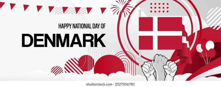 Denmark constitution day banner with flag. Modern banner for various purposes such as national holiday greeting cards, sports and music event posters, web headers. Horizontal design