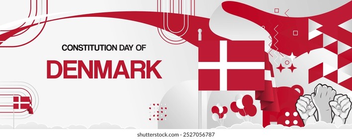 Denmark constitution day banner with flag. Modern banner for various purposes such as national holiday greeting cards, sports and music event posters, web headers. Horizontal design