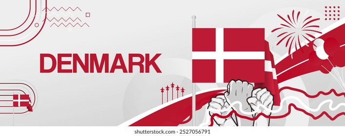 Denmark constitution day banner with flag. Modern banner for various purposes such as national holiday greeting cards, sports and music event posters, web headers. Horizontal design