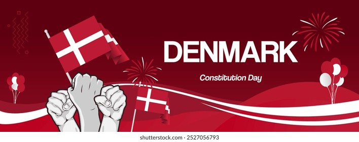 Denmark constitution day banner with flag. Modern banner for various purposes such as national holiday greeting cards, sports and music event posters, web headers. Horizontal design