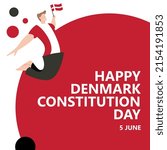 Denmark constitution day celebration vector illustration with a man jumping and holding a flag. European country public holiday celebrated annually on 5 June