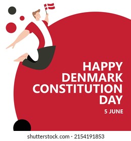 Denmark constitution day celebration vector illustration with a man jumping and holding a flag. European country public holiday celebrated annually on 5 June