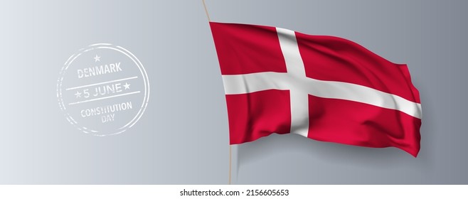 Dänemark Verfassung Tag Grußkarte, Banner mit Vorlage Text Vektorgrafik. Dänische Gedenkfeier 5. Juni Design-Element mit 3D-Flagge mit Kreuz