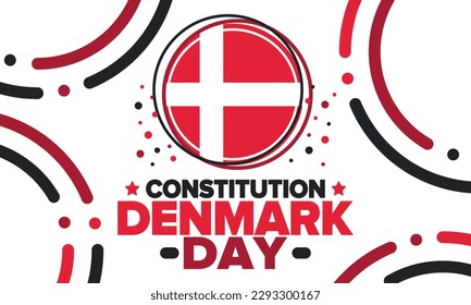 Tag der dänischen Verfassung. Nationaler glücklicher Urlaub, gefeiert jährlich im 5. Juni. dänische Flagge. Dänemark Unabhängigkeit und Freiheit. Patriotisches Poster. Feste und Parade-Design. Vektorgrafik