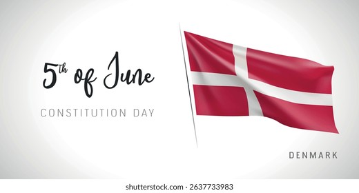 Denmark constitution day vector banner, greeting card. Danish wavy flag in 5th of June patriotic holiday horizontal design with realistic flag