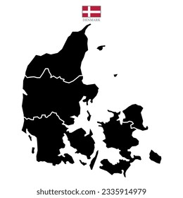 Denmark contour vector map with state, black-white, flag in color. Background map eps 10