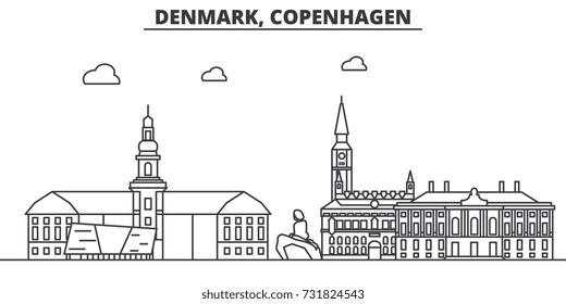 Denmark, Copenhagen architecture line skyline illustration. Linear vector cityscape with famous landmarks, city sights, design icons. Landscape wtih editable strokes