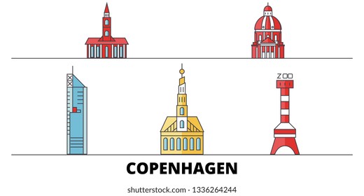 Denmark, Copenhagen City flat landmarks vector illustration. Denmark, Copenhagen City line city with famous travel sights, skyline, design. 